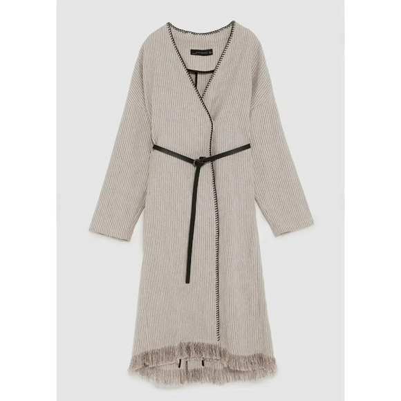 Zara Linen Striped Belted Whipstitch Simple Minimalist Coat  S - Picture 1 of 10